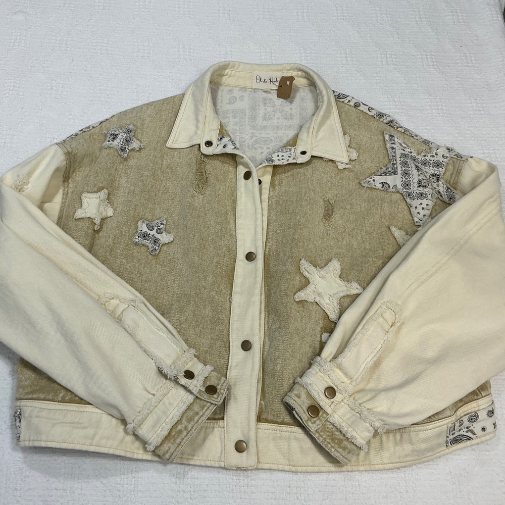 Oli & Hali Tan Cream Star Patchwork Distressed Denim Jacket Womens XL‎ Paisley
